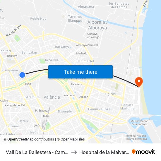 Vall De La Ballestera - Campanar to Hospital de la Malvarrosa map