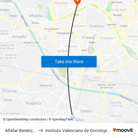 Alfafar-Benetússer to Instituto Valenciano de Oncologia (IVO) map