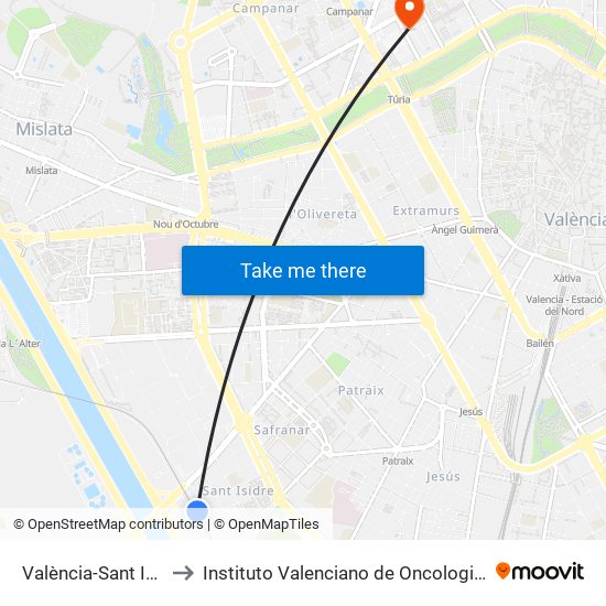 València-Sant Isidre to Instituto Valenciano de Oncologia (IVO) map