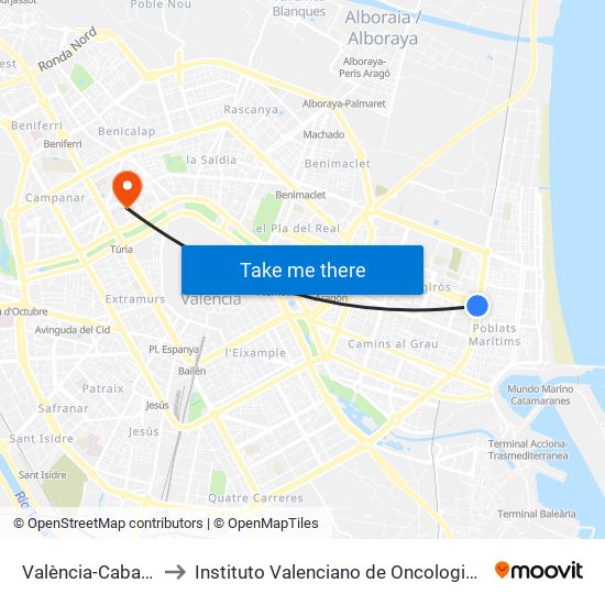 València-Cabanyal to Instituto Valenciano de Oncologia (IVO) map