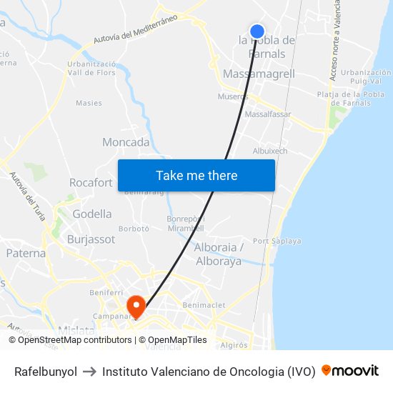 Rafelbunyol to Instituto Valenciano de Oncologia (IVO) map