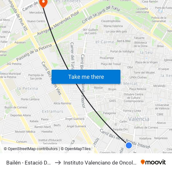 Bailén - Estació Del Nord to Instituto Valenciano de Oncologia (IVO) map