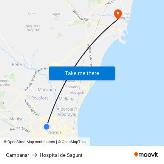 Pius XII (Imparell) - Metro Campanar to Hospital de Sagunt map