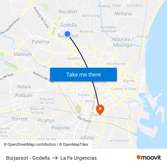 Burjassot - Godella to La Fe Urgencias map