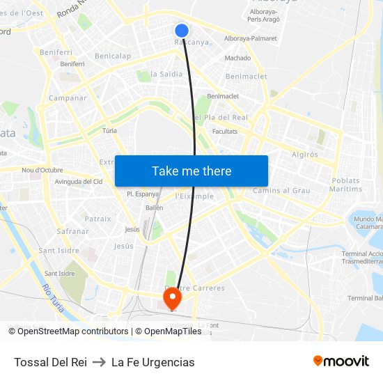 Tossal Del Rei to La Fe Urgencias map