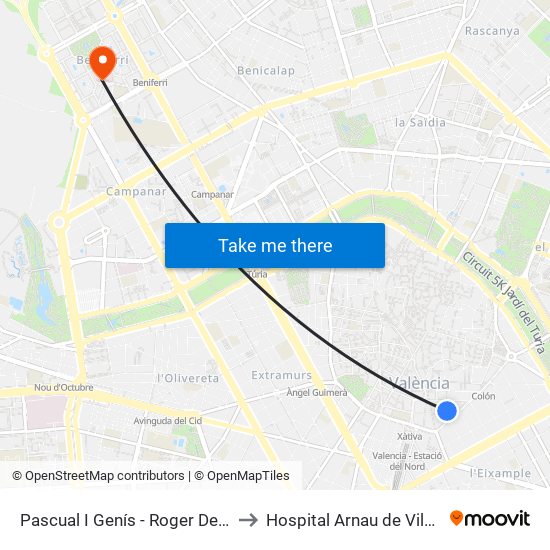 Pascual I Genís - Roger De Llòria to Hospital Arnau de Vilanova map