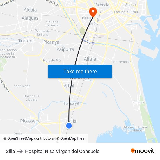 Silla to Hospital Nisa Virgen del Consuelo map