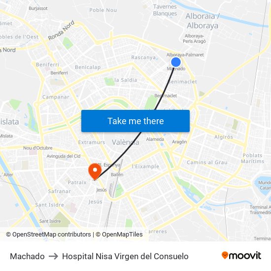 Machado to Hospital Nisa Virgen del Consuelo map