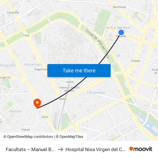 Facultats – Manuel Broseta to Hospital Nisa Virgen del Consuelo map