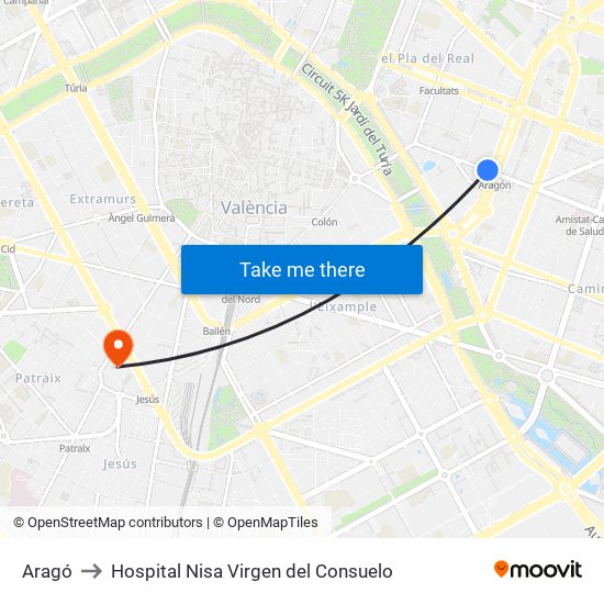 Aragó to Hospital Nisa Virgen del Consuelo map