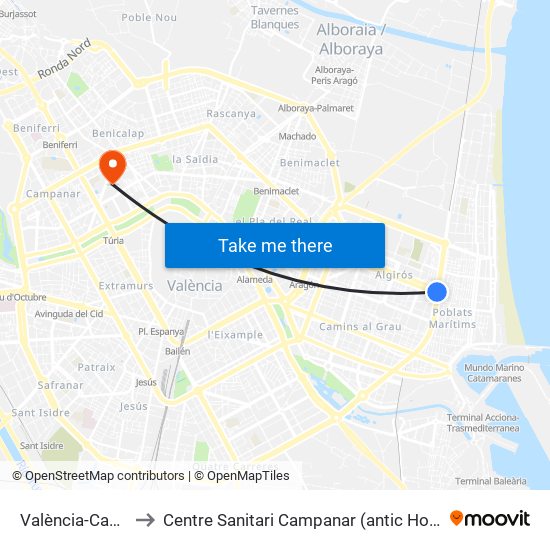 València-Cabanyal to Centre Sanitari Campanar (antic Hospital La Fe) map