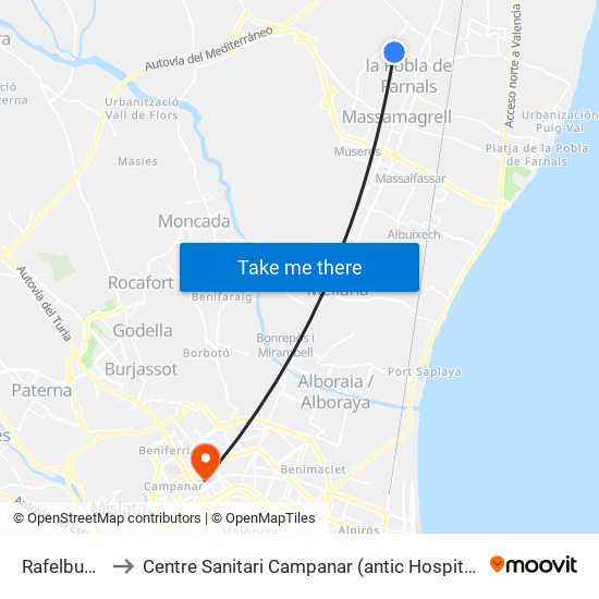 Rafelbunyol to Centre Sanitari Campanar (antic Hospital La Fe) map