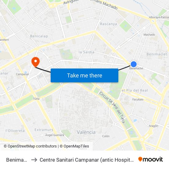 Benimaclet to Centre Sanitari Campanar (antic Hospital La Fe) map