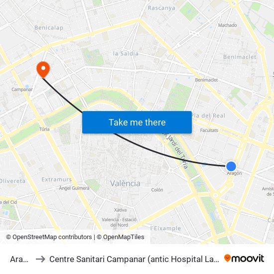 Aragó to Centre Sanitari Campanar (antic Hospital La Fe) map