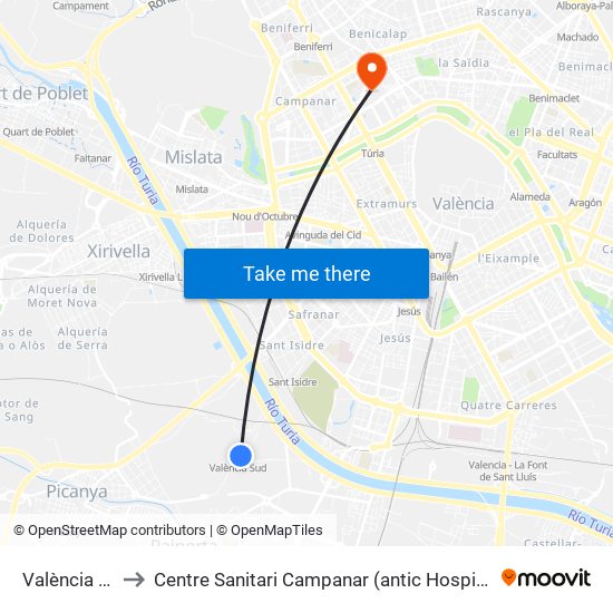 València Sud to Centre Sanitari Campanar (antic Hospital La Fe) map