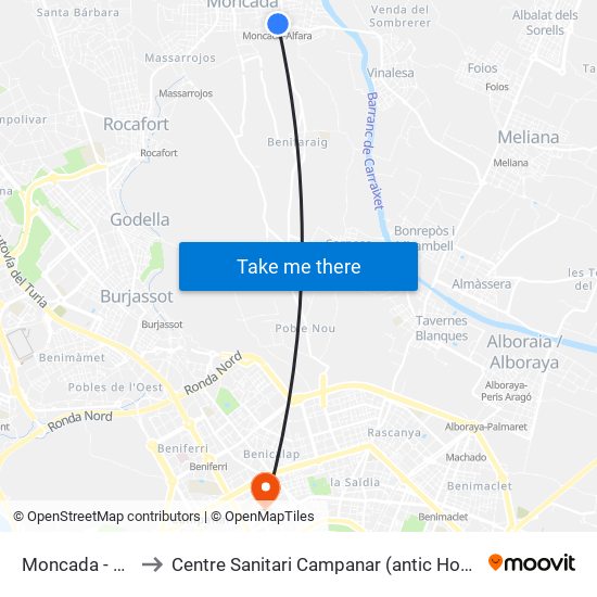 Moncada - Alfara to Centre Sanitari Campanar (antic Hospital La Fe) map