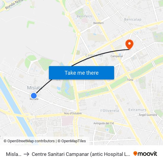 Mislata to Centre Sanitari Campanar (antic Hospital La Fe) map