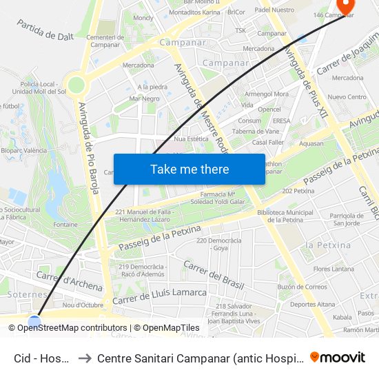 Cid - Hospital to Centre Sanitari Campanar (antic Hospital La Fe) map