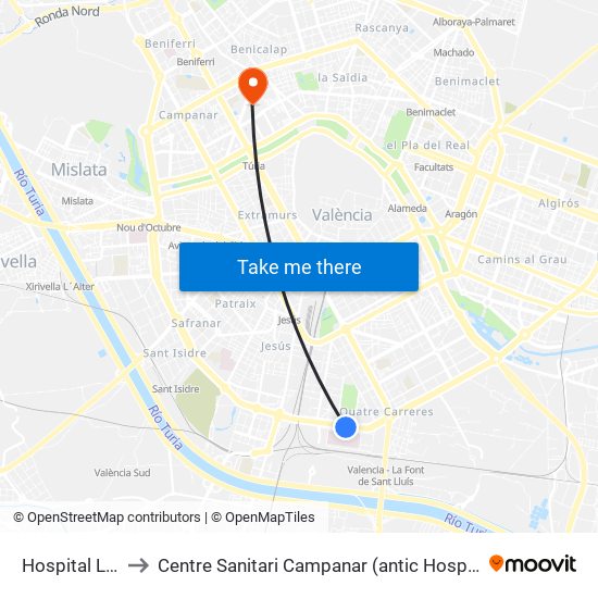 Hospital La Fe to Centre Sanitari Campanar (antic Hospital La Fe) map