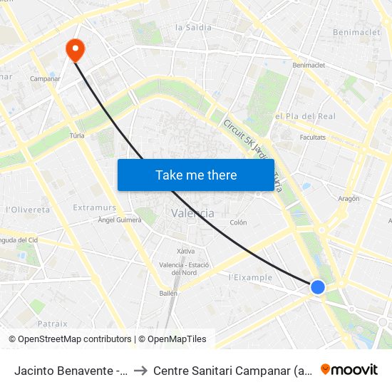 Jacinto Benavente - Peris I Valero to Centre Sanitari Campanar (antic Hospital La Fe) map