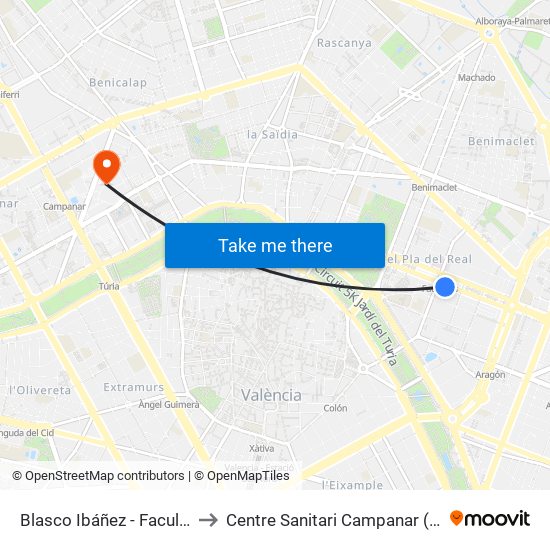 Blasco Ibáñez - Facultat De Geografia to Centre Sanitari Campanar (antic Hospital La Fe) map