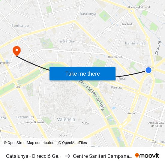 Catalunya - Direcció General De Salut Pública to Centre Sanitari Campanar (antic Hospital La Fe) map
