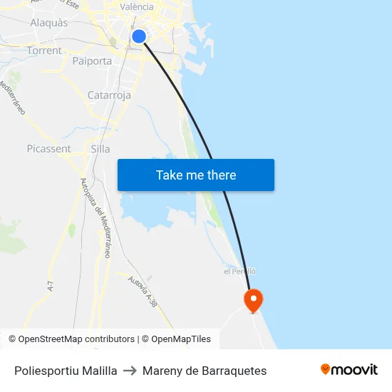 Poliesportiu Malilla to Mareny de Barraquetes map