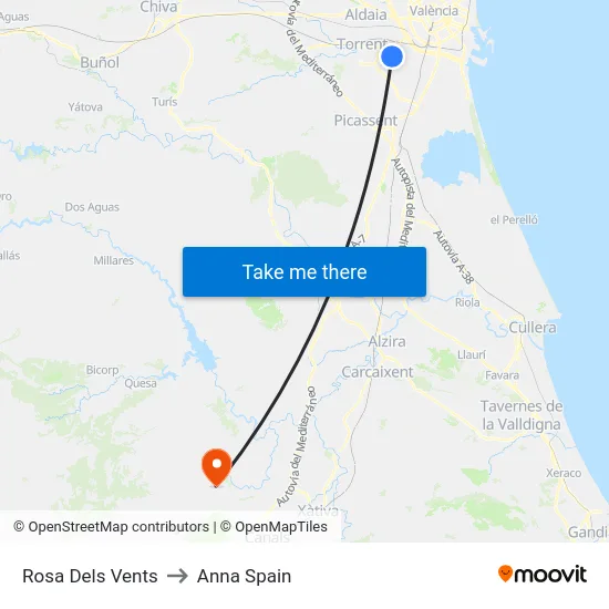 Rosa Dels Vents to Anna Spain map