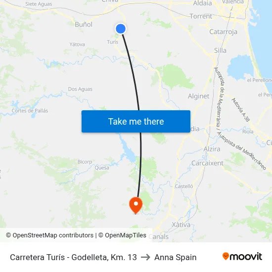 Carretera Turís - Godelleta, Km. 13 to Anna Spain map