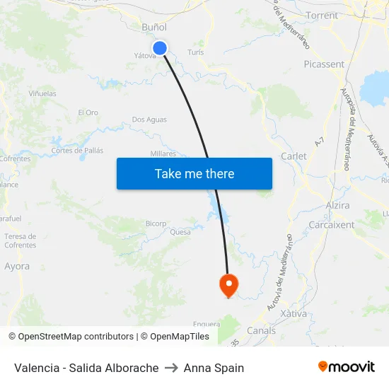 Valencia - Salida Alborache to Anna Spain map