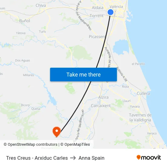 Tres Creus - Arxiduc Carles to Anna Spain map