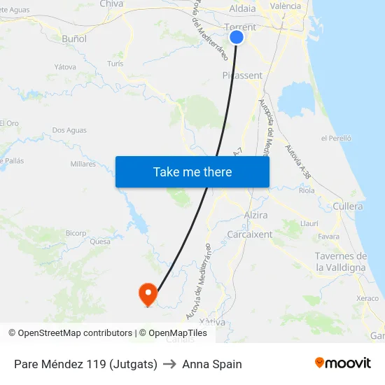 Pare Méndez 119 (Jutgats) to Anna Spain map