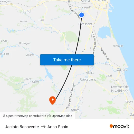 Jacinto Benavente to Anna Spain map
