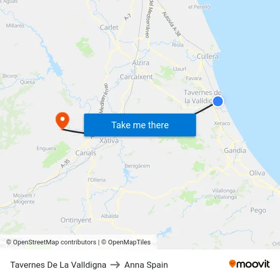 Tavernes De La Valldigna to Anna Spain map