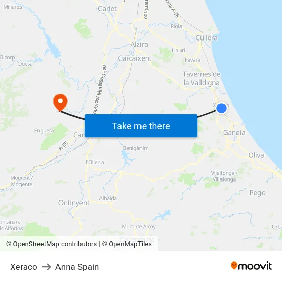 Xeraco to Anna Spain map
