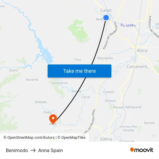 Benimodo to Anna Spain map