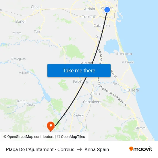 Plaça De L'Ajuntament - Correus to Anna Spain map