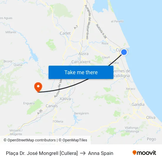 Plaça Dr. José Mongrell [Cullera] to Anna Spain map