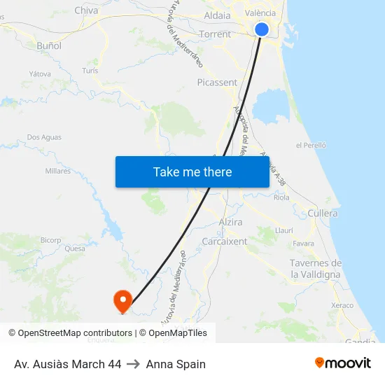 Av. Ausiàs March 44 to Anna Spain map