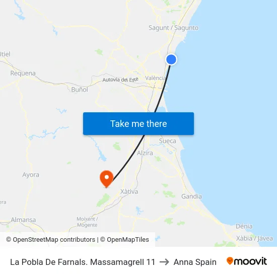 La Pobla De Farnals. Massamagrell 11 to Anna Spain map