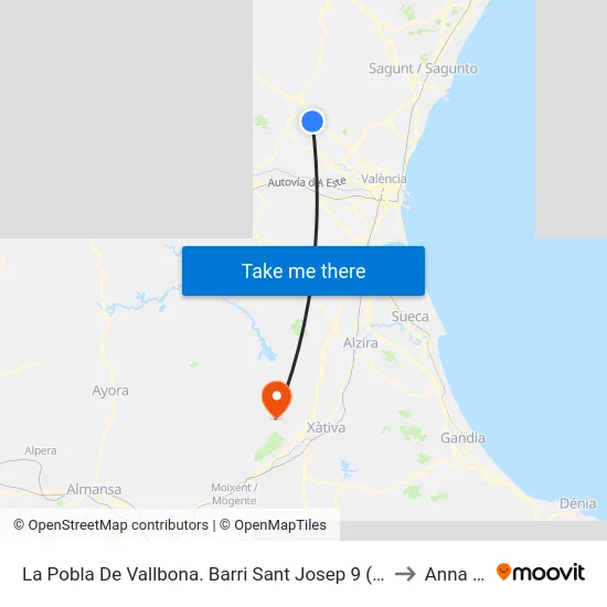 La Pobla De Vallbona. Barri Sant Josep 9 (Pl. Alcalde Vicent Alba) to Anna Spain map