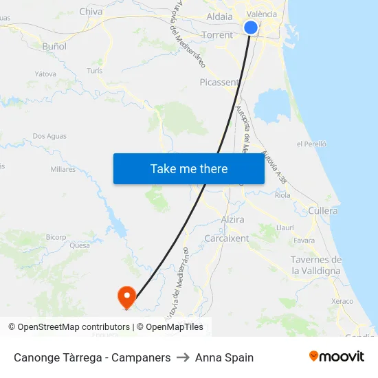 Canonge Tàrrega - Campaners to Anna Spain map