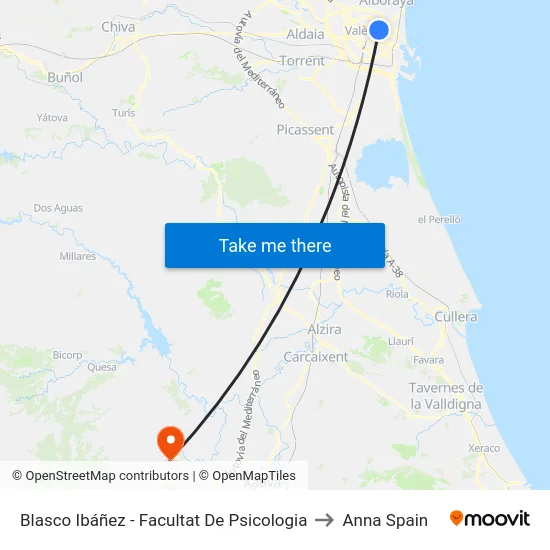 Blasco Ibáñez - Facultat De Psicologia to Anna Spain map