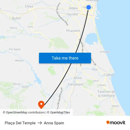Plaça Del Temple to Anna Spain map