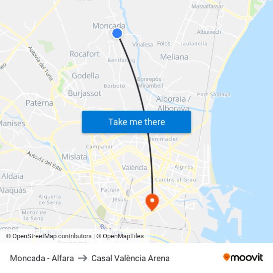 Moncada - Alfara to Casal València Arena map