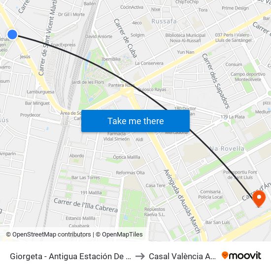 Giorgeta - Antigua Estación De Jesús to Casal València Arena map