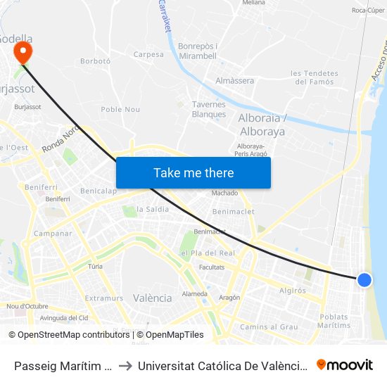 Passeig Marítim - Hospital Malva-Rosa to Universitat Católica De València - Godella map