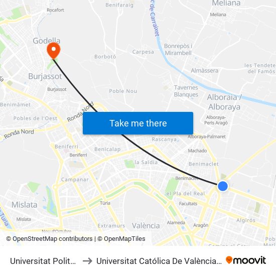 Universitat Politècnica to Universitat Católica De València - Godella map