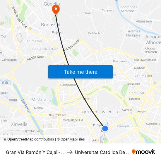 Gran Vía Ramón Y Cajal - C/ Bailén [València] to Universitat Católica De València - Godella map