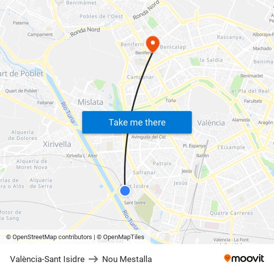 València-Sant Isidre to Nou Mestalla map